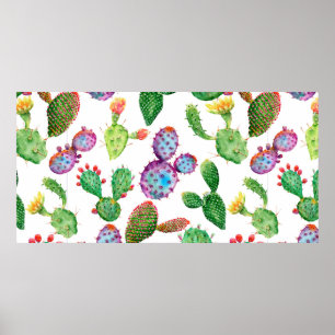 Watercolor hand painted tropical cactus. Seamless  Poster