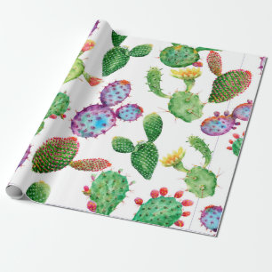 Watercolor hand painted tropical cactus. Seamless Wrapping Paper