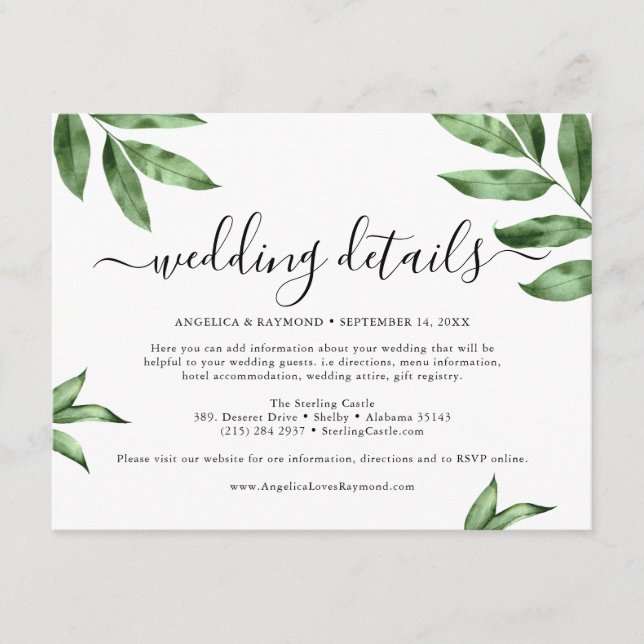 Watercolor Handpainted Greenery Wedding Enclosure Card (Front)