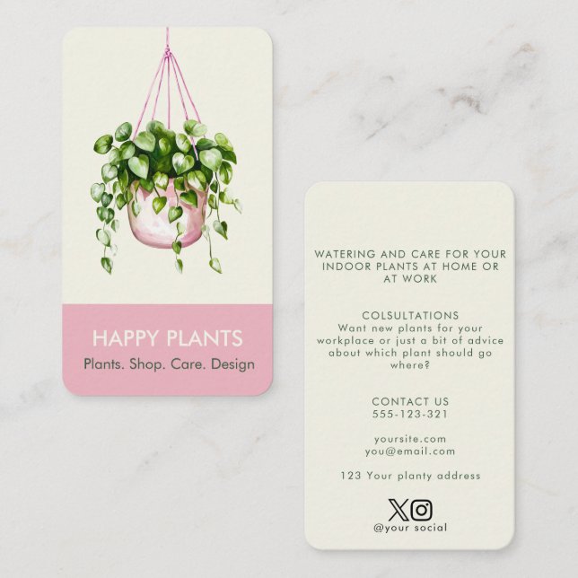 Watercolor Hanging Plant Pink and Cream Business Card (Front/Back)