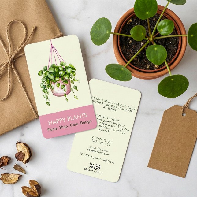 Watercolor Hanging Plant Pink and Cream Business Card (Watercolor Hanging Plant Pink and Cream Business Card.)