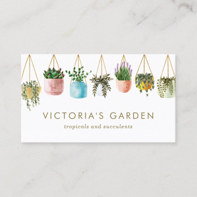 Watercolor Hanging Potted Houseplants Nursery Business Card (Front)