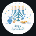 Watercolor Hanukkah Holiday Classic Round Sticker<br><div class="desc">A Hanukkah scene with a menorah,  sufganiyot (doughnuts),  dreidels,  and olive branches is rendered in a watercolor effect on this Chanukah sticker. Use as thank you stickers,  on Chanukah gifts,  or on holiday favours. Available with matching products.</div>