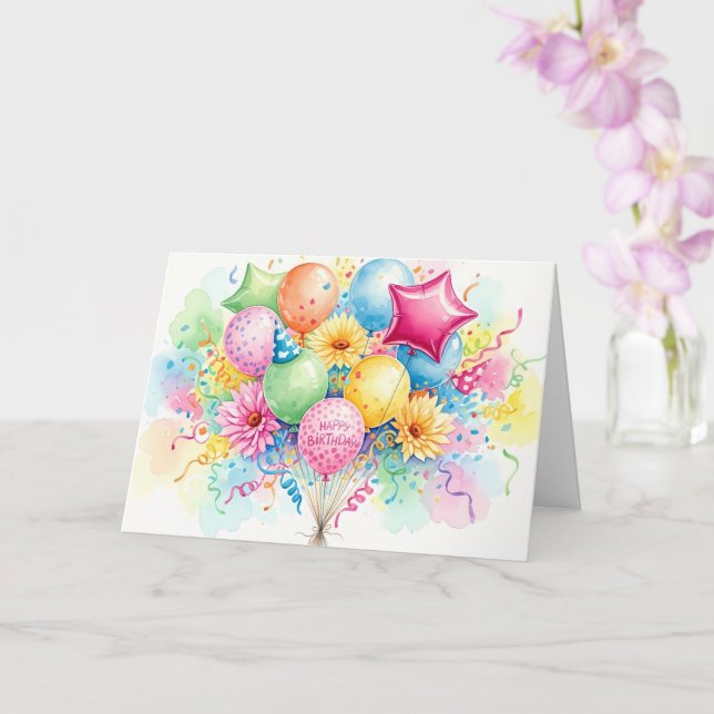 Watercolor Happy Birthday Balloons & Flowers Card (Orchid)
