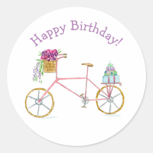 Watercolor Happy Birthday Bicycle  Classic Round Sticker