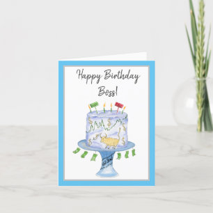 Watercolor Happy Birthday Boss Stock Market Cake Card