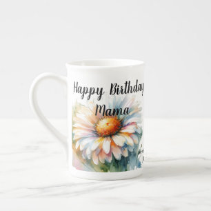 Watercolor 'Happy Birthday Mama'  Whites FLOWERS Bone China Mug