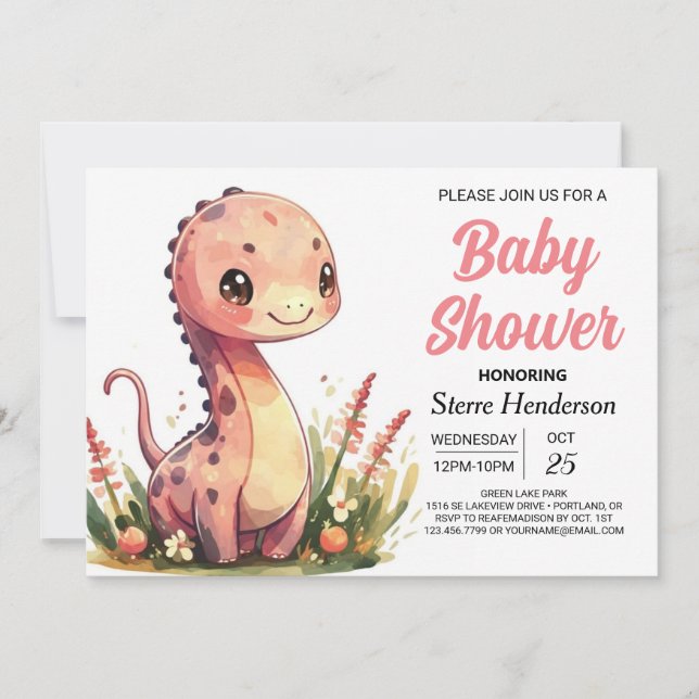 Watercolor Happy Boho Dinosaur Girl Baby Shower Invitation (Front)
