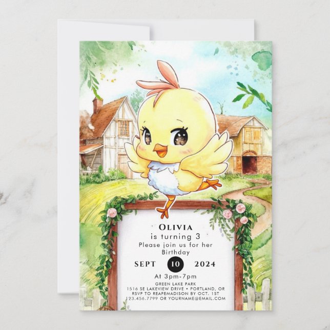 Watercolor Happy Chicken Birthday Invitation (Front)