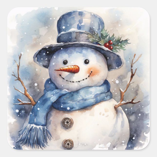 Watercolor Happy Christmas Snowman in Winter Square Sticker (Front)