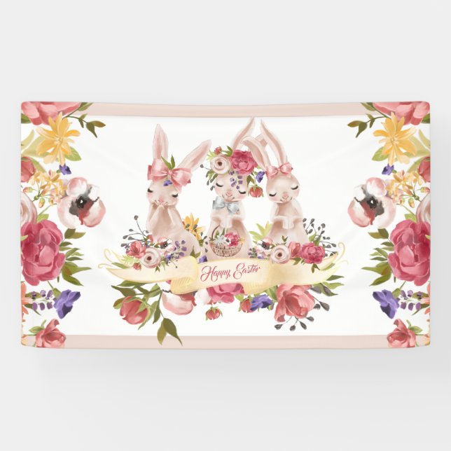 Watercolor Happy Easter Bunny Banner (Horizontal)