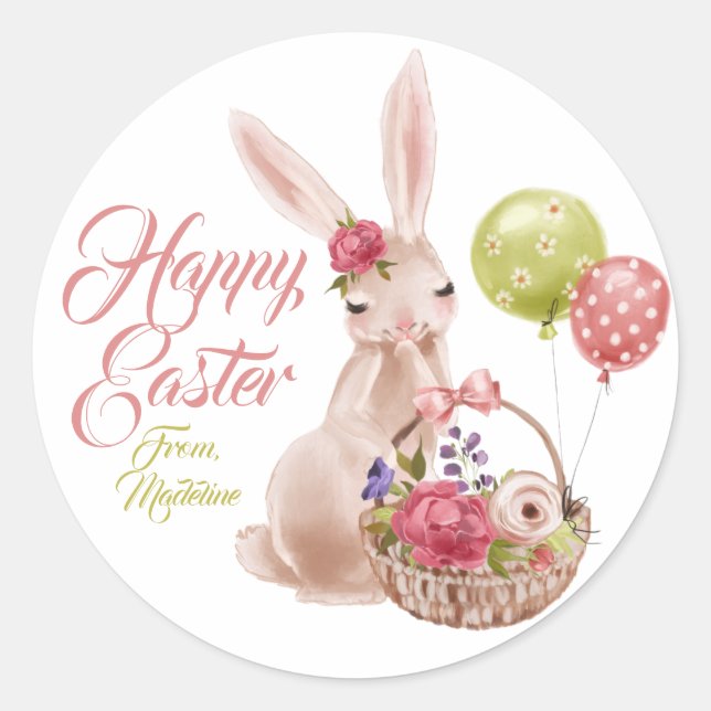 Watercolor Happy Easter Bunny Favour Classic Round Sticker (Front)