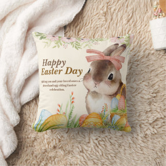 Watercolor Happy Easter Day Floral Bunny with Bow Cushion