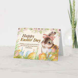 Watercolor Happy Easter Day Floral Bunny with Bow Holiday Card