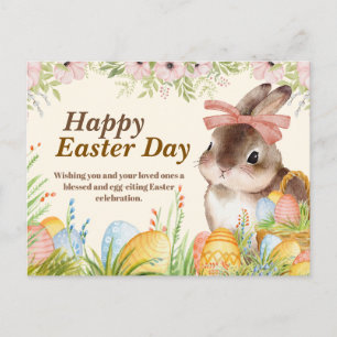 Watercolor Happy Easter Day Floral Bunny with Bow Holiday Postcard