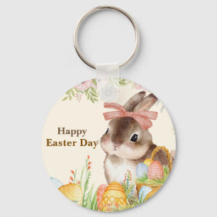 Watercolor Happy Easter Day Floral Bunny with Bow Key Ring