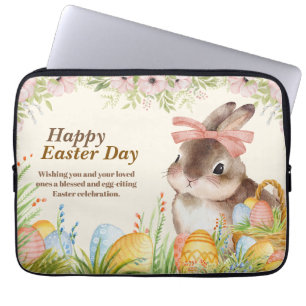 Watercolor Happy Easter Day Floral Bunny with Bow Laptop Sleeve