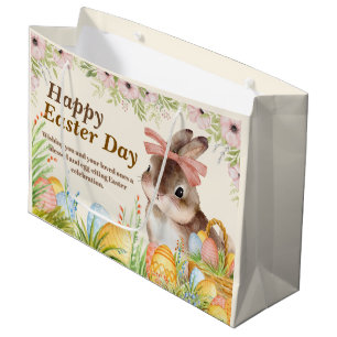 Watercolor Happy Easter Day Floral Bunny with Bow Large Gift Bag