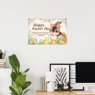 Watercolor Happy Easter Day Floral Bunny with Bow Poster