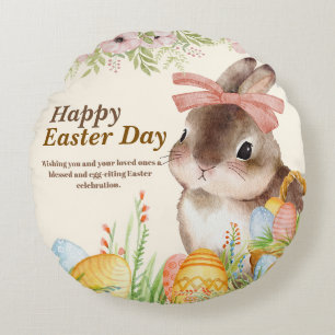 Watercolor Happy Easter Day Floral Bunny with Bow Round Cushion