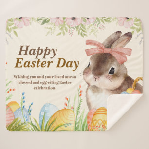 Watercolor Happy Easter Day Floral Bunny with Bow Sherpa Blanket
