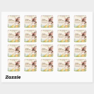 Watercolor Happy Easter Day Floral Bunny with Bow Square Sticker