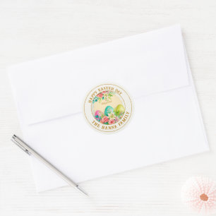 Watercolor Happy Easter Floral - Egg  Rose        Classic Round Sticker
