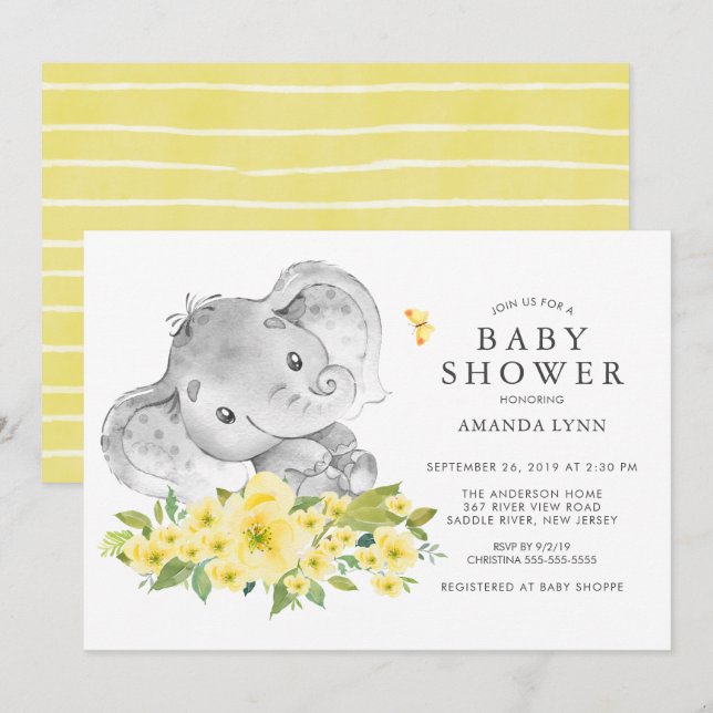 Watercolor Happy Elephant  Neutral Baby Shower Invitation (Front/Back)