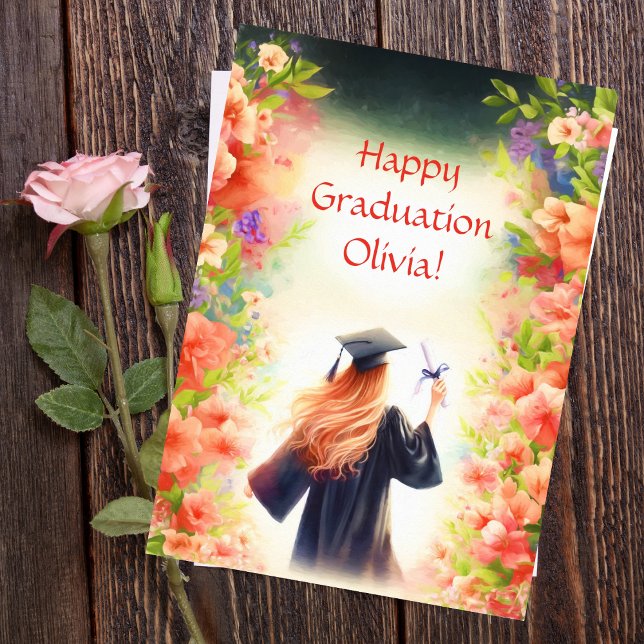 Watercolor Happy Graduation Blonde Girl And Flower Card (From the ground up, she's blossomed into blooming success in cap and gown!)