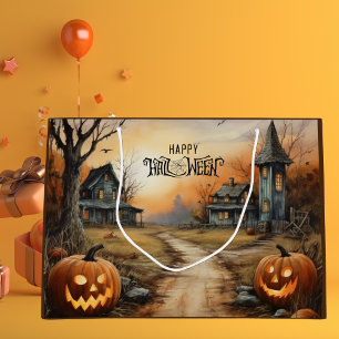 Watercolor Happy Halloween Haunted Farmhouse Large Gift Bag