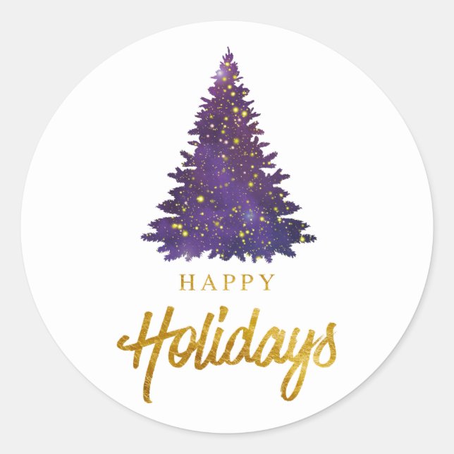 Watercolor Happy Holidays Christmas Tree Classic Round Sticker (Front)