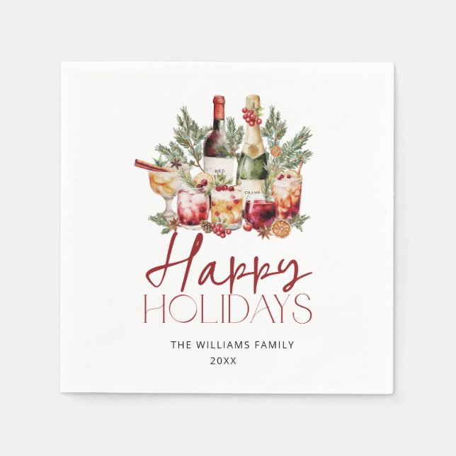 Watercolor Happy Holidays Cocktail Paper Napkin (Front)
