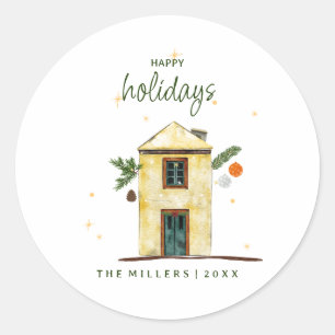 Watercolor Happy Holidays House  Classic Round Sticker
