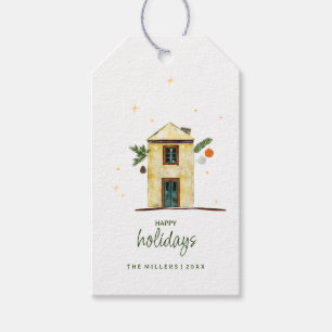 Watercolor Happy Holidays House  Gift Tags