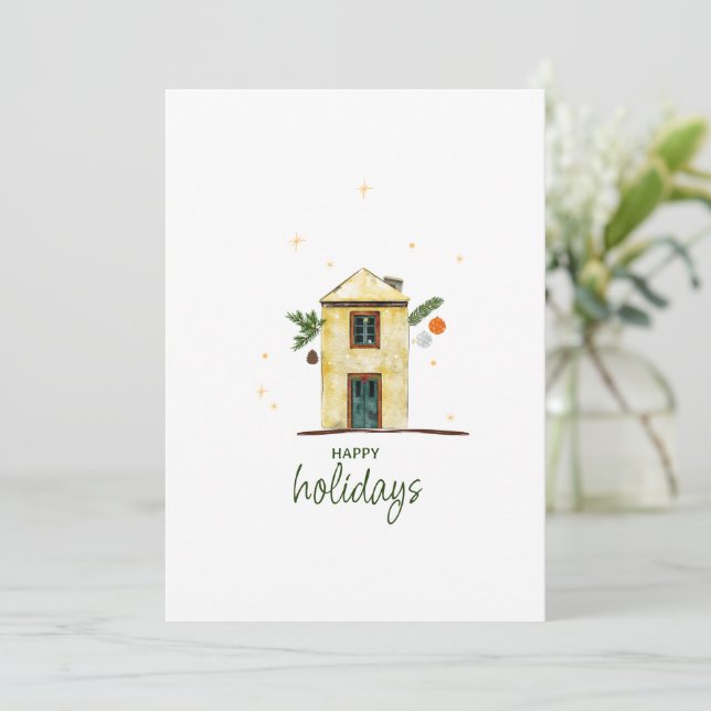 Watercolor Happy Holidays House Non-photo Holiday Card (Standing Front)
