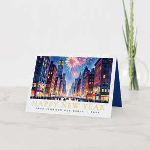 Watercolor Happy New Year New York City Fireworks Foil Holiday Card
