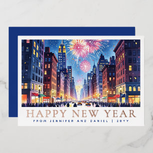 Watercolor Happy New Year New York City Fireworks Foil Holiday Card