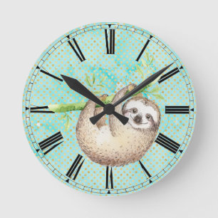 Watercolor Happy Sloth Round Clock