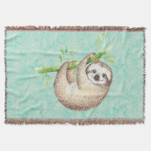 Watercolor Happy Sloth Throw Blanket