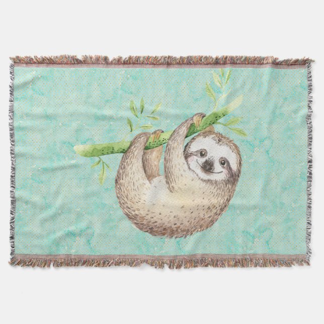 Watercolor Happy Sloth Throw Blanket (Front)
