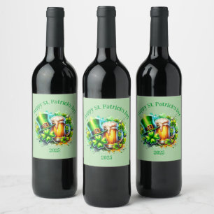 Watercolor Happy St. Patrick's Day Party accessory Wine Label