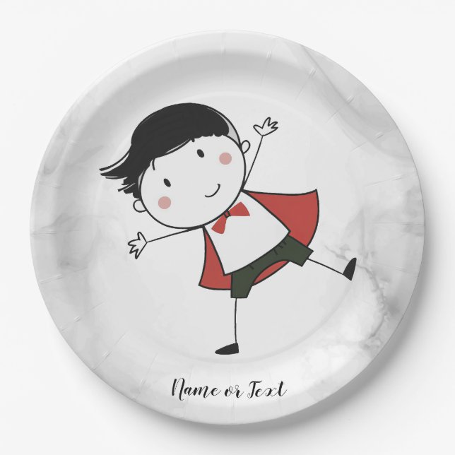 Watercolor Happy Stick Boy Red Cape Beautiful Paper Plate (Front)