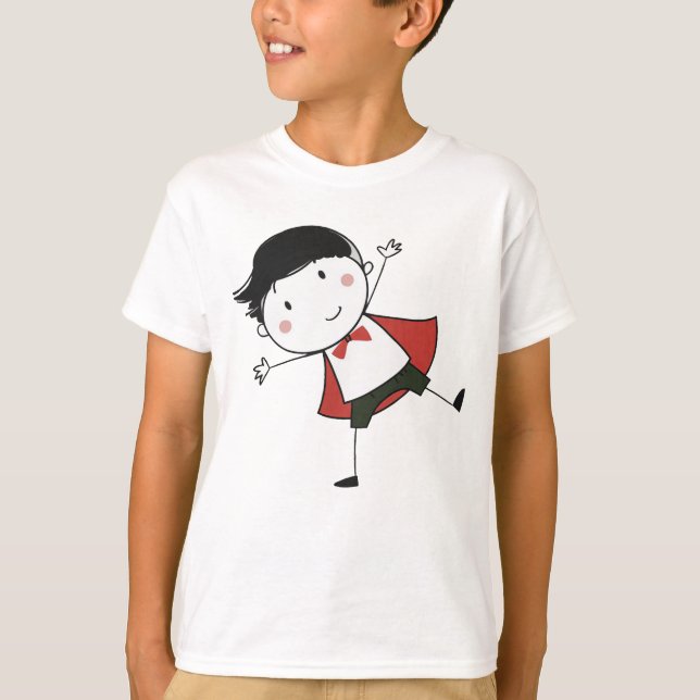 Watercolor Happy Stick Boy Red Cape Beautiful T-Shirt (Front)