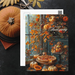Watercolor Happy Thanksgiving Autumn Leaves Holiday Postcard