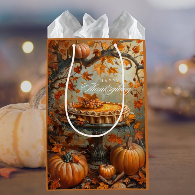 Watercolor Happy Thanksgiving Pumpkin Pie Medium Gift Bag (Creator Uploaded)