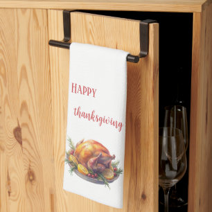 Watercolor Happy Thanksgiving, Roasted turkey gift Tea Towel