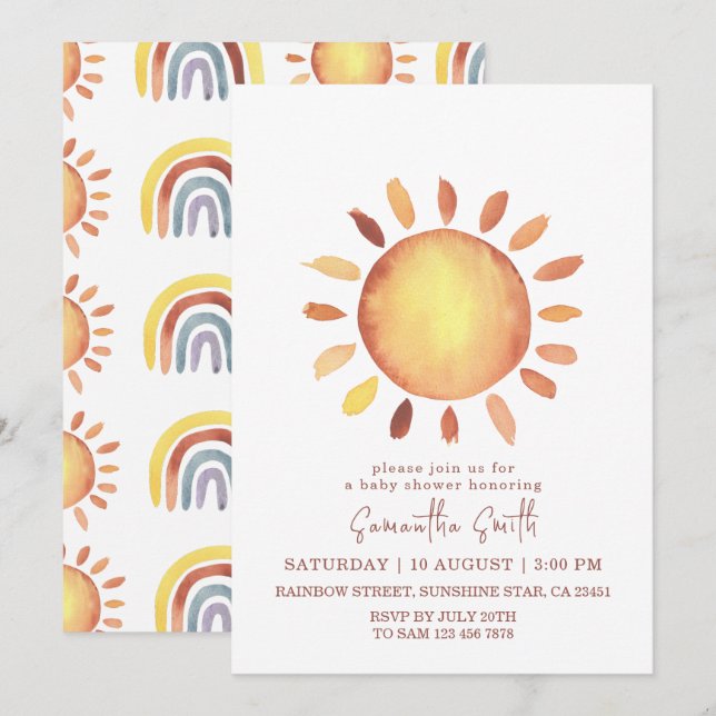 Watercolor Happy Yellow Sunshine Baby Shower Invitation (Front/Back)