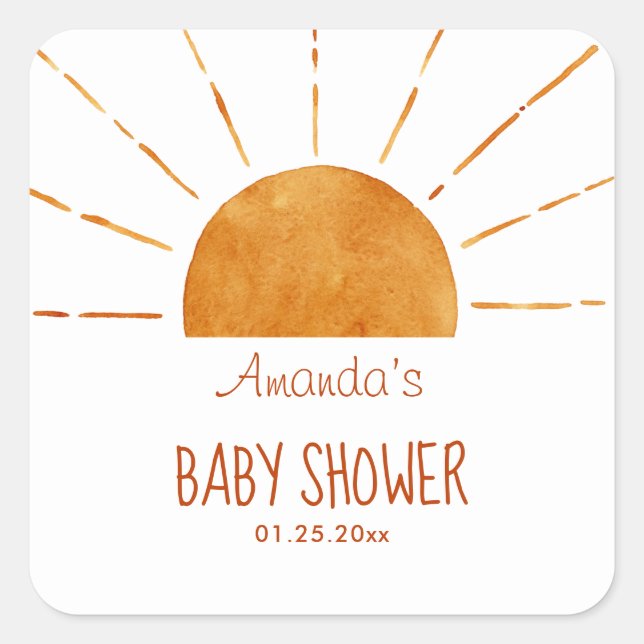 Watercolor Happy Yellow Sunshine Boho Baby Shower Square Sticker (Front)