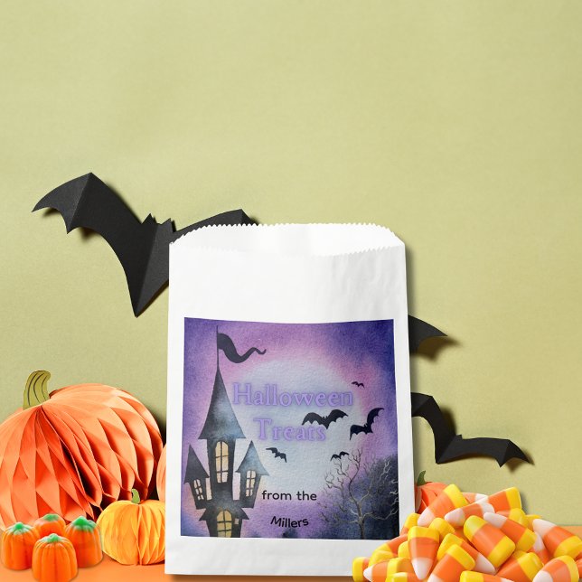 Watercolor Haunted House Halloween Treat Favour Bags (Batty Halloween favor bags)