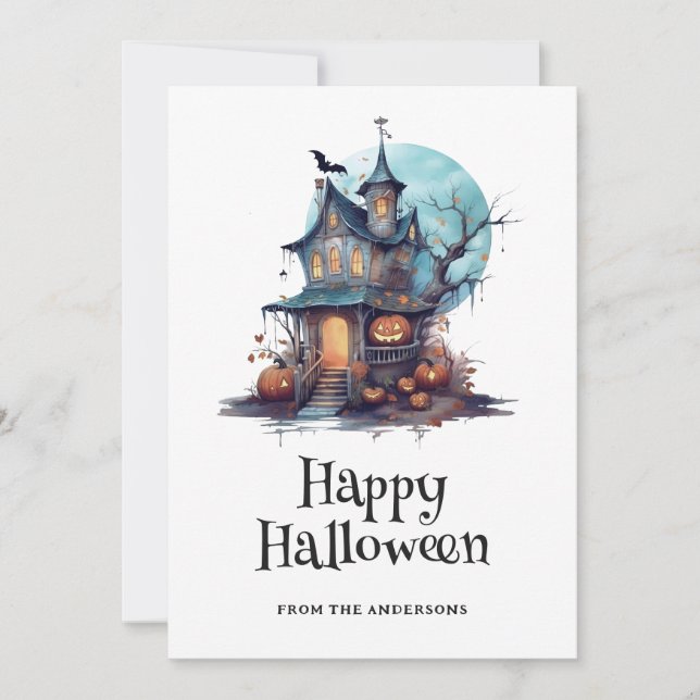 Watercolor Haunted House Happy Halloween Card (Front)